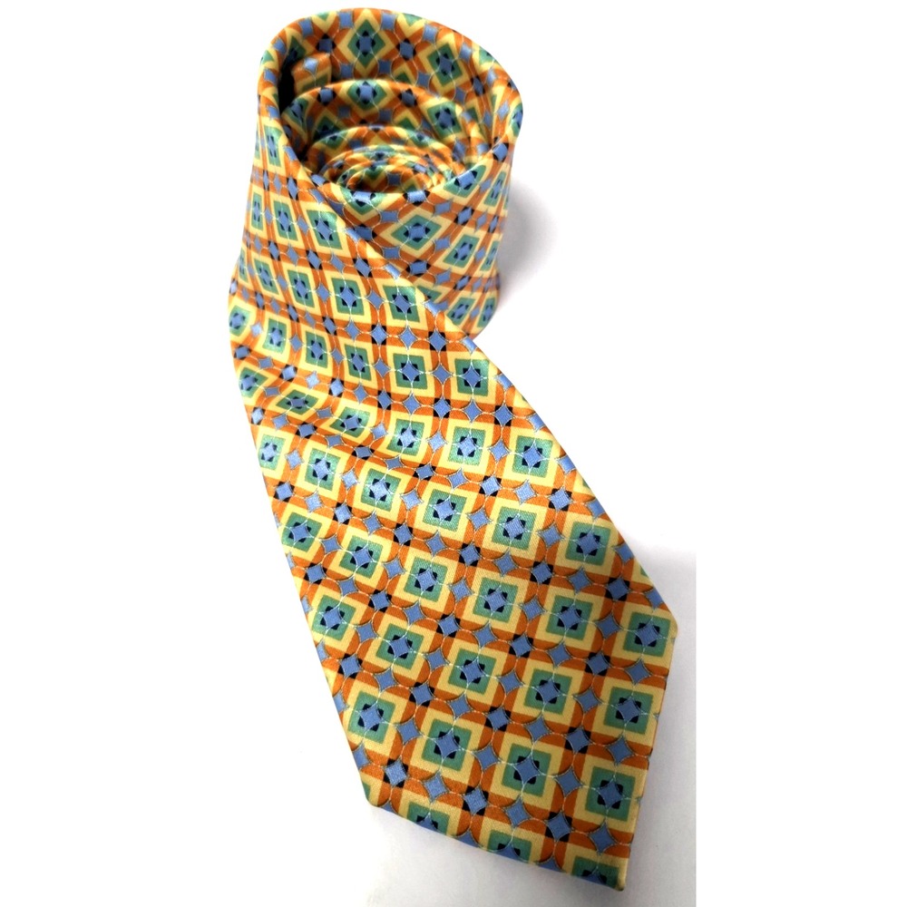 Perry Ellis Necktie Orange/Yellow/Blue/Mint Geometric Diamond Print Poly Tie - Picture 3 of 8